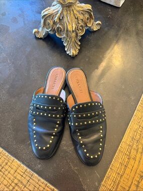 COACH Black Leather Studded Slip-On Mules
